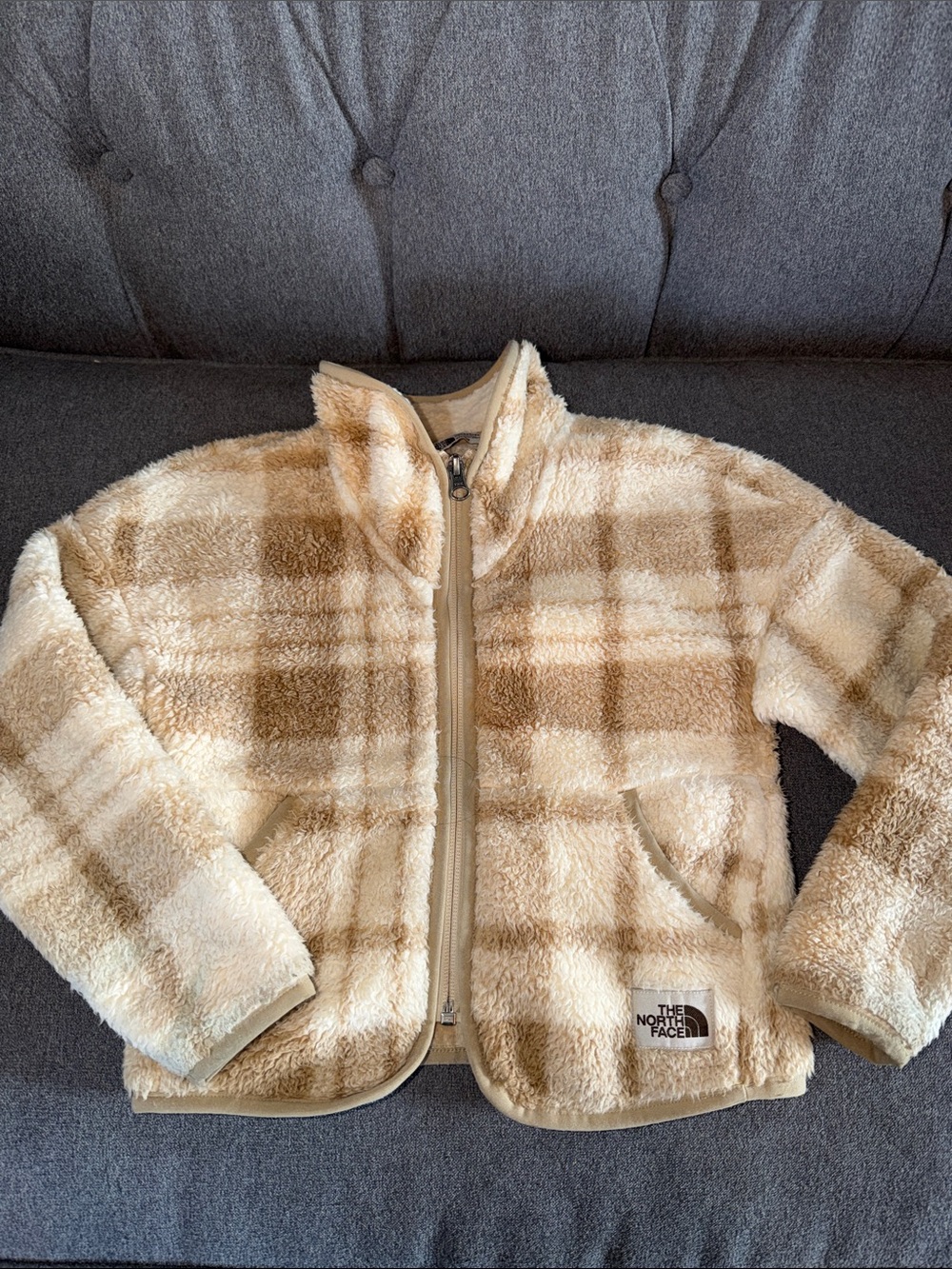 The North Face Kids Beige and Tan Plaid Fleece Jacket